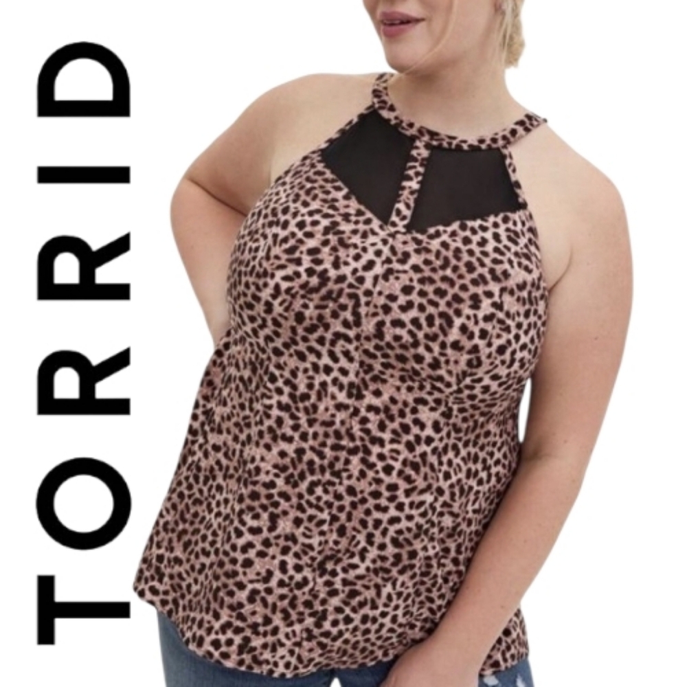 Torrid Fit & Flare Tank Blouse With Mesh Inset All Over Leopard Print